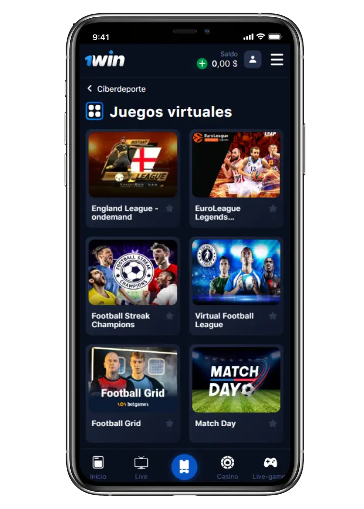 Sección de deportes virtuales de la casa de apuestas 1Win