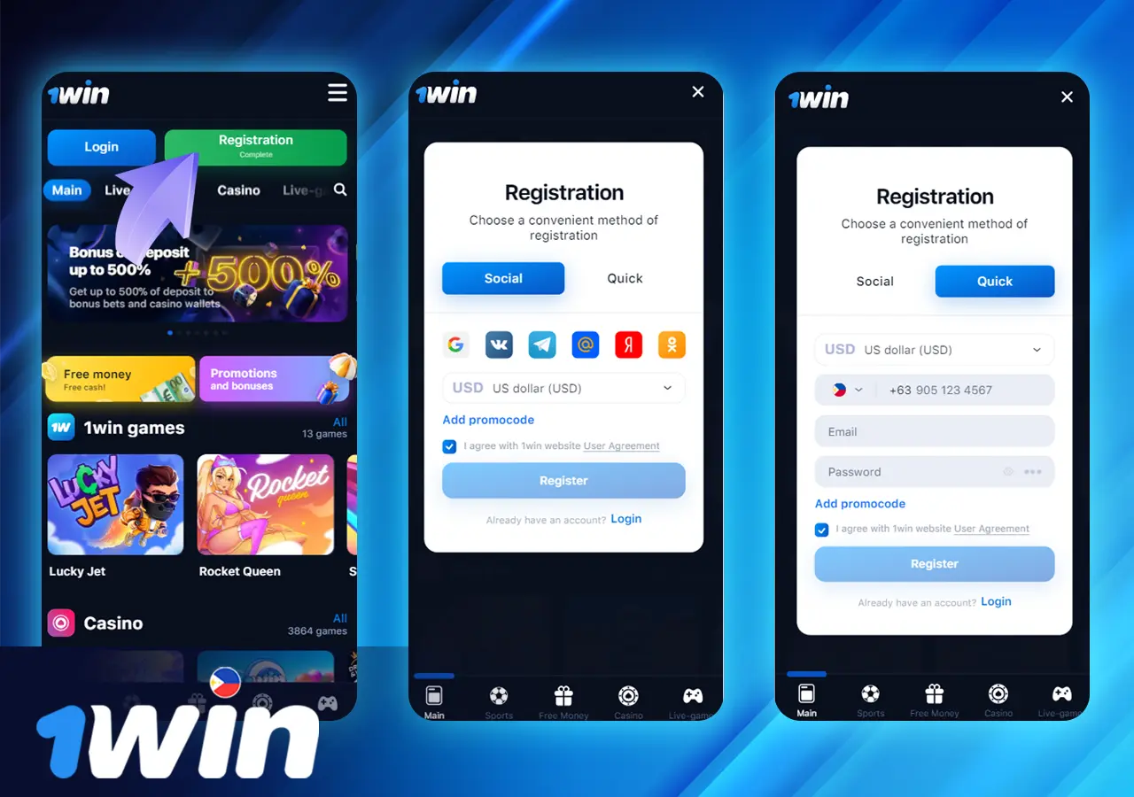 Process of registering a new 1win account